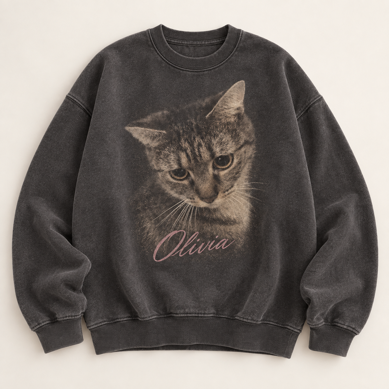 Charcoal Olivia sweatshirt with a large portrait of the tabby cat