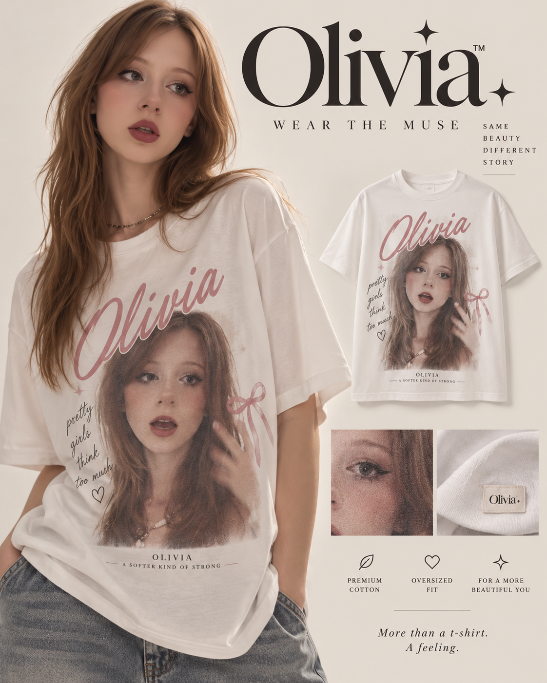 Original cream Olivia T-shirt with a portrait, a bow and rose lettering